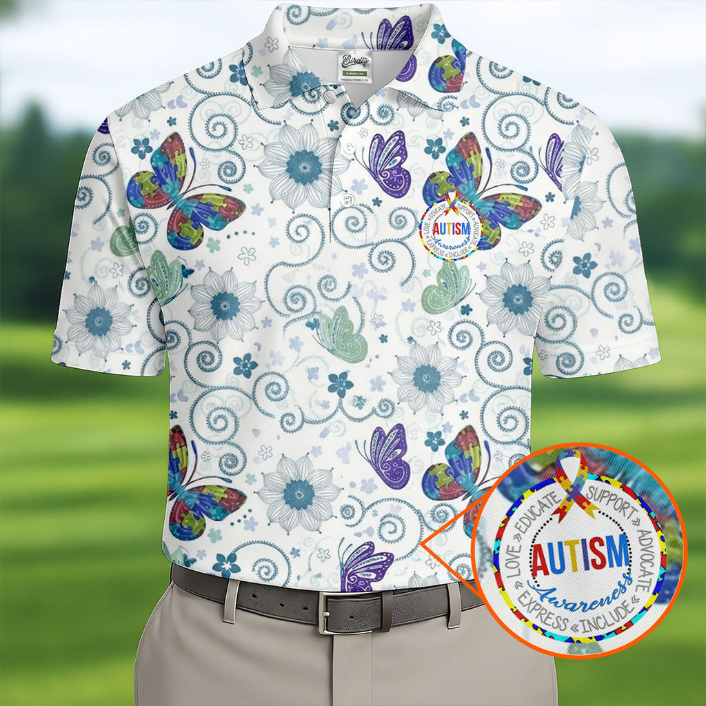 Autism Awareness Flower And Butterfly Puzzle Ribbon Men's Golf Shirt, Polo Shirts For Men