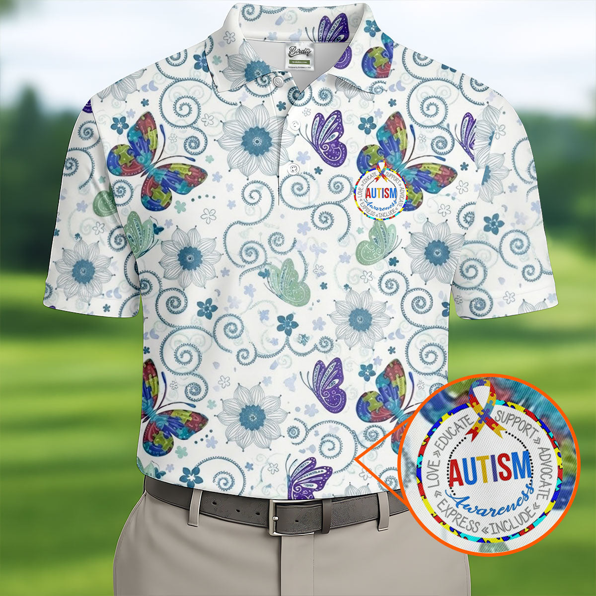Autism Awareness Flower And Butterfly Puzzle Ribbon Men's Golf Shirt, Polo Shirts For Men