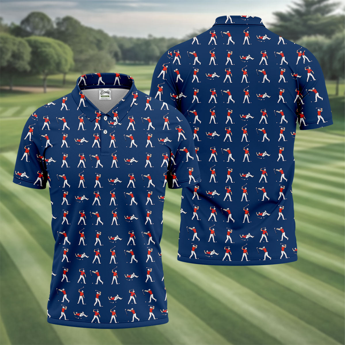 Cartoon Figures Golf Pose Navy Golf Shirt, Golf Tops For Men, Polo Shirts For Men, Golf Shirts For Men