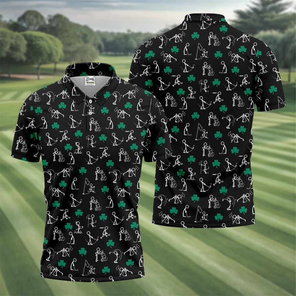 Stick Figure Golf Pose St Patrick's Day Shamrock Black Golf Shirt, Polo Shirts For Men, Golf Shirts For Men