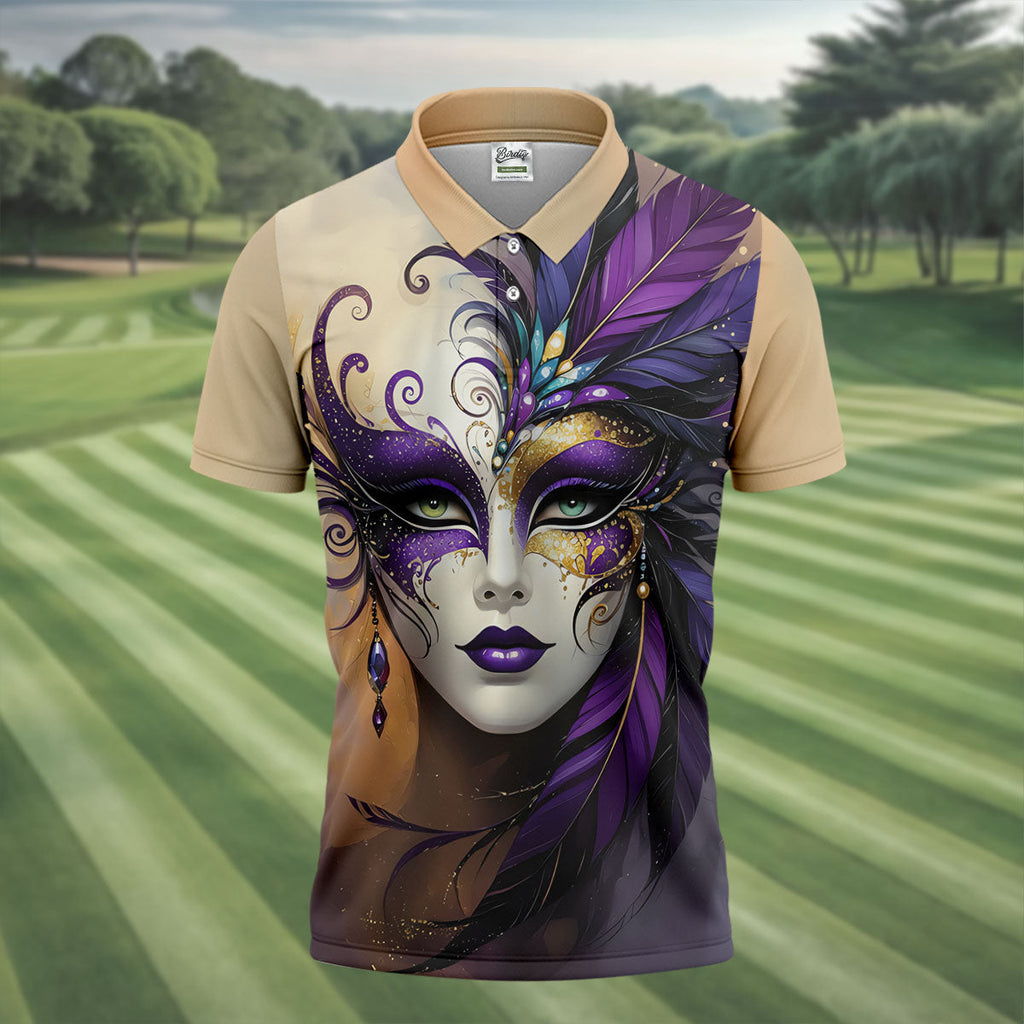 Feather Mask Mardi Gras Golf Shirt, Purple And Beige Golf Shirts For Men, Polo Shirts For Men