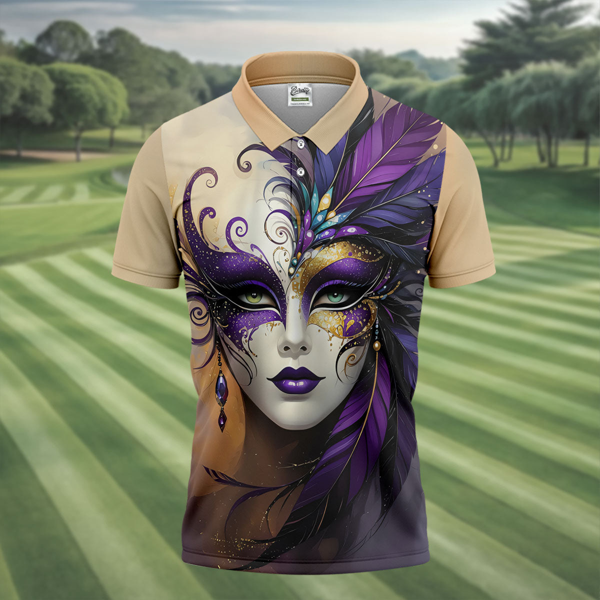 Feather Mask Mardi Gras Golf Shirt, Purple And Beige Golf Shirts For Men, Polo Shirts For Men