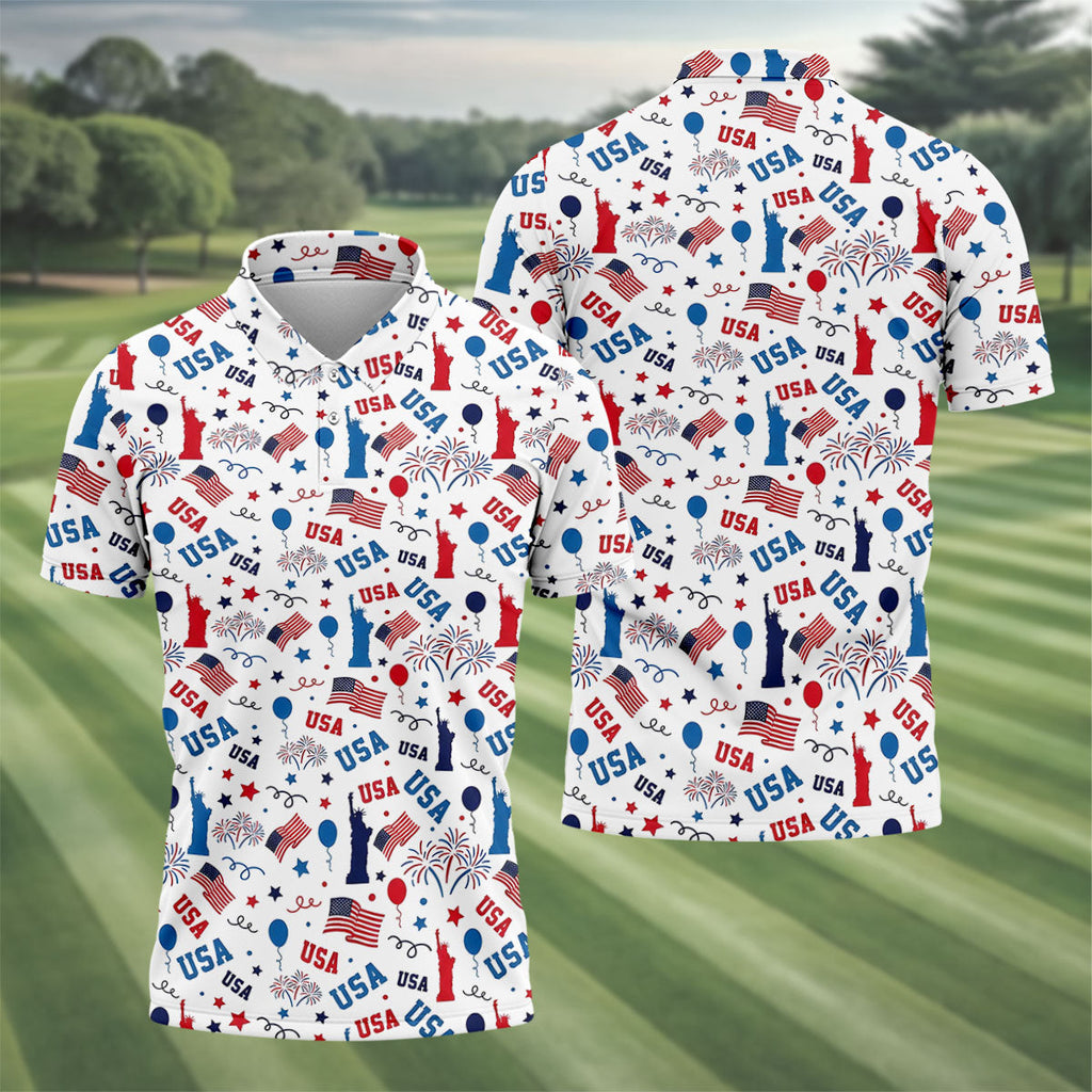 USA Red White Blue Seamless Pattern White Golf Shirt, 250th Anniversary Patriotic 4th Of July Golf Shirts For Men