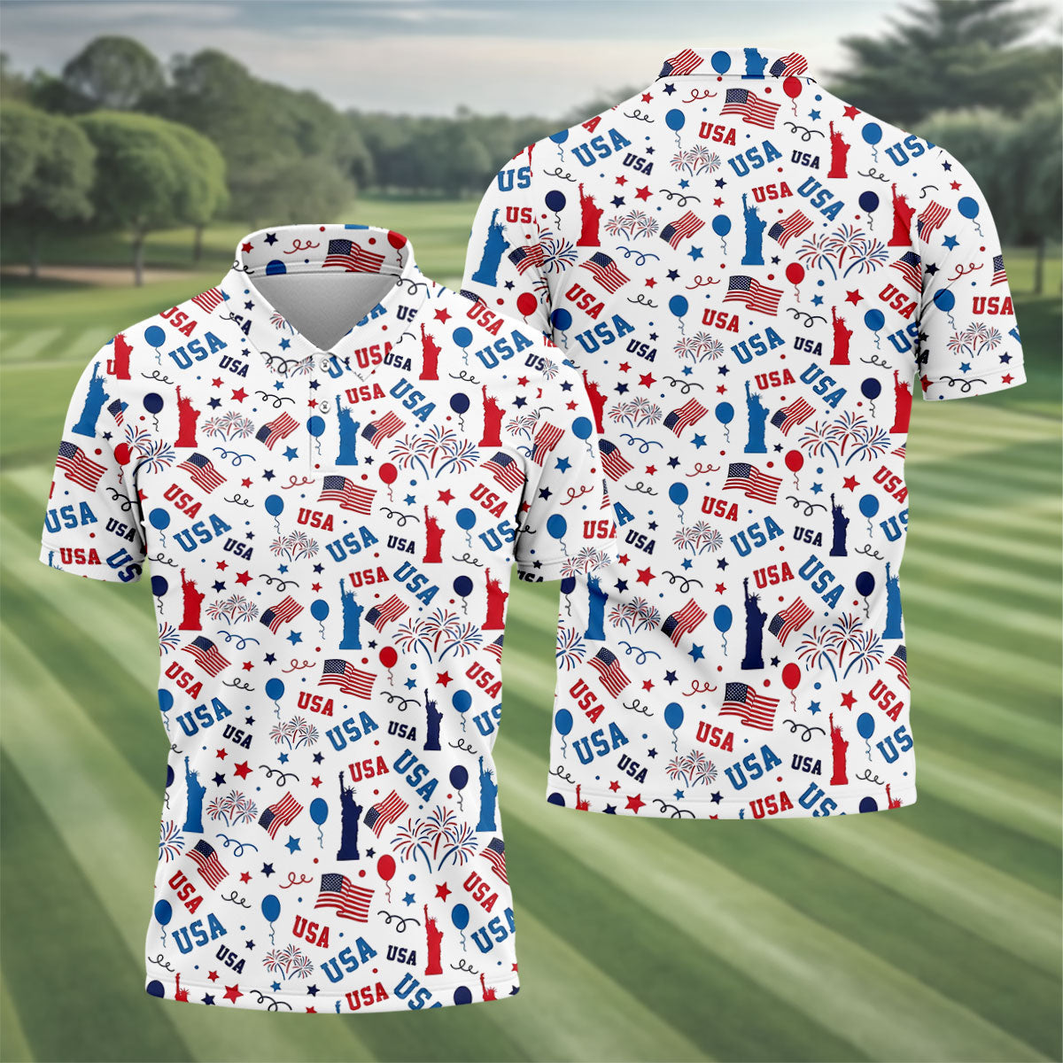 USA Red White Blue Seamless Pattern White Golf Shirt, 250th Anniversary Patriotic 4th Of July Golf Shirts For Men