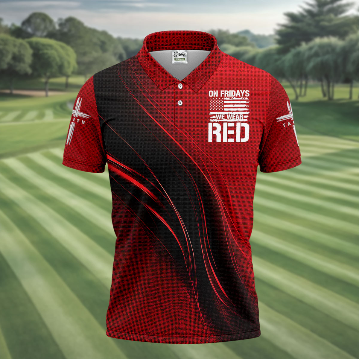 On Friday We Wear Red Faith Cross Red Black Gradient Patriotic Golf Shirt, 250 Years Polo Shirts For Men