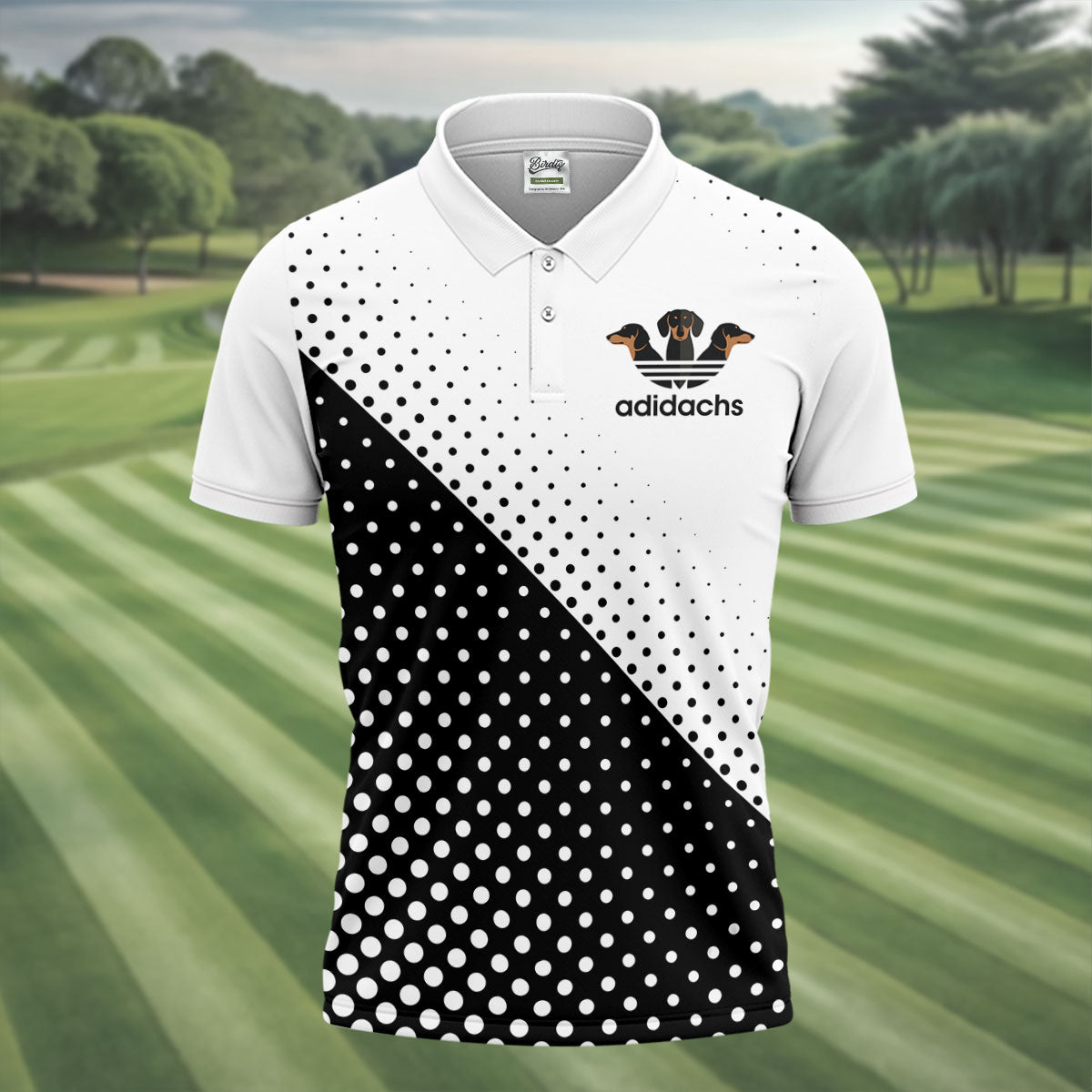Adidachs Funny Dachshund White Golf Shirt, Men's Funny Golf Shirts, Polo Shirts For Men