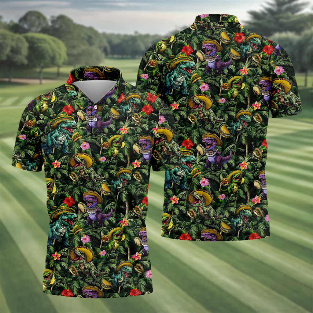 Hawaiian Dinosaur Sombreros Tacos Fun Golf Shirt, Cinco De Mayo Celebration Golf Shirts For Men