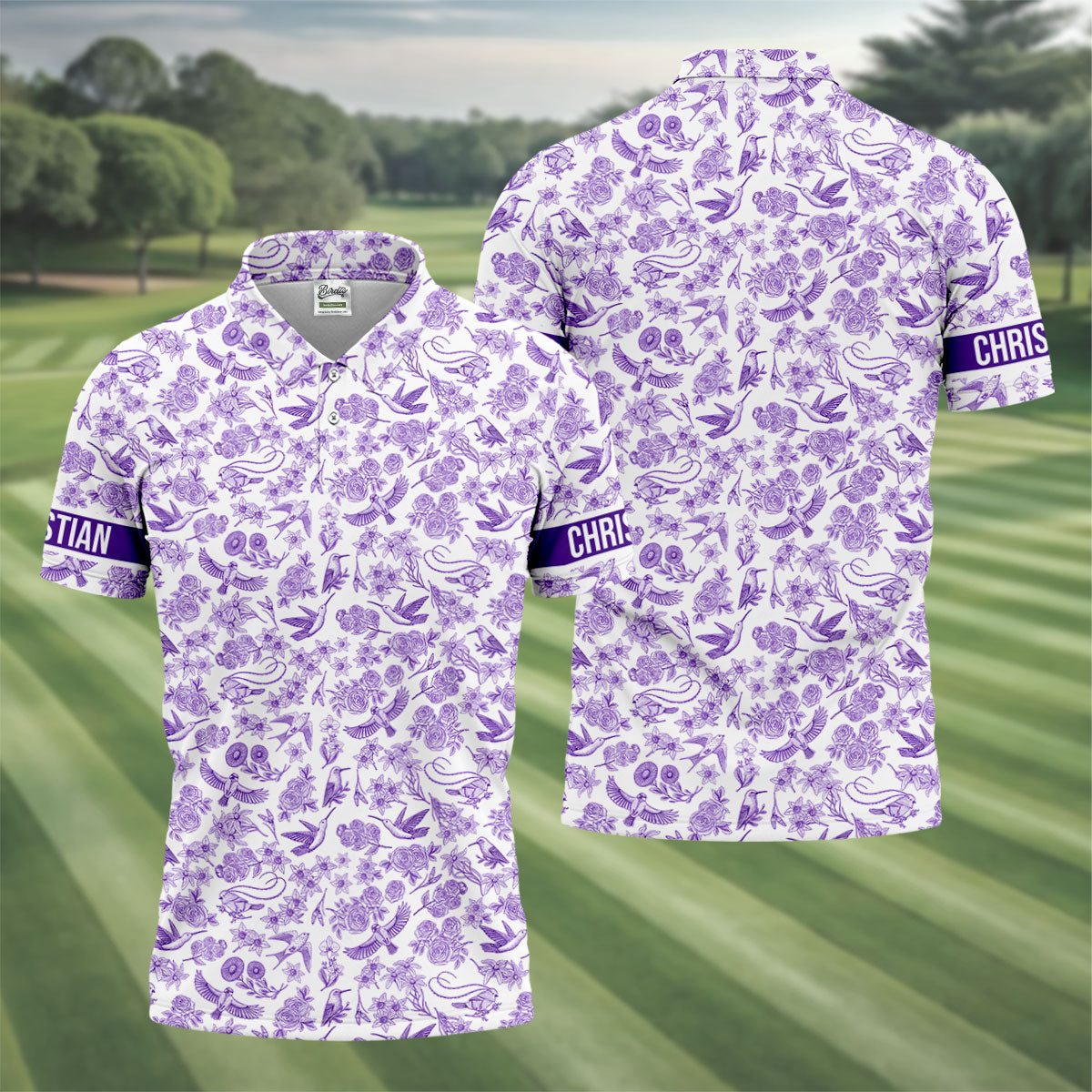 Custom Name Toile de Jouy Birds And Flowers Purple And White Polo Shirts For Men, Golf Gift For Men