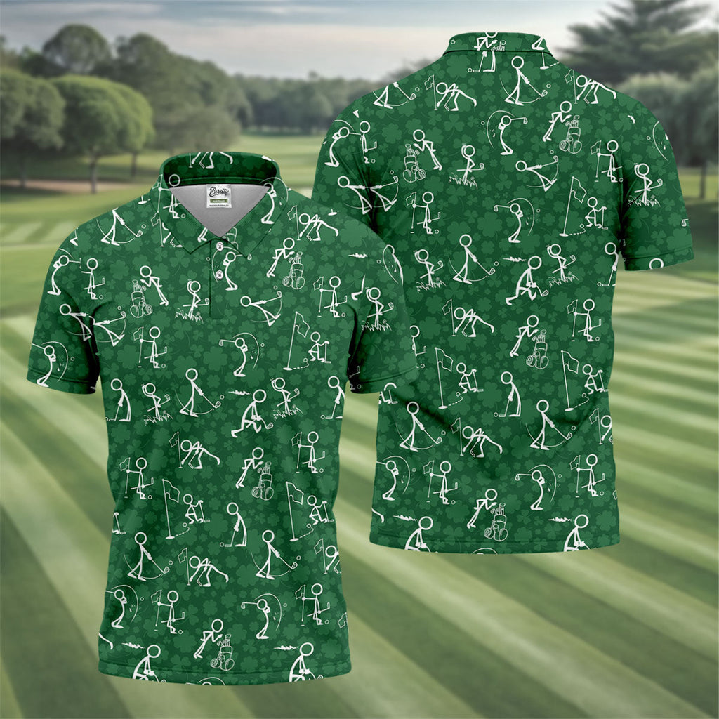 Stick Figure Golf Pose Shamrock Golf Shirt, St Patrick's Day Golf Tops For Men, Polo ShirtFor Men