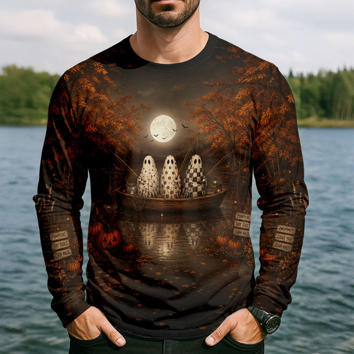 Reel Scared Ghost Fishing Halloween Shirt, Fishing Shirts For Men, Long Sleeve Shirt