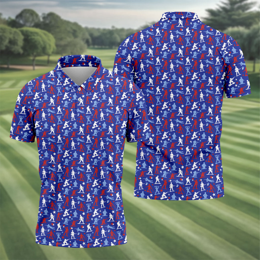 Red White Blue Soldier Pose Patriotic 4th Of July Golf Shirt, 250th Anniversary Golf Shirts For Men
