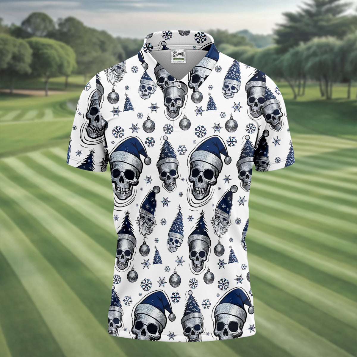 Vintage Skull Christmas Golf Shirt, White Polo Shirt Mens, Cool Golf Gift, Golf Shirts For Men