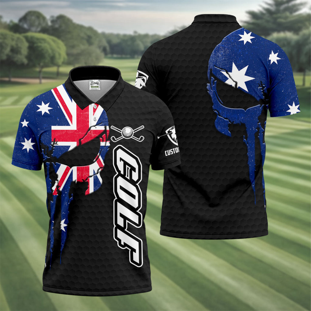 Cool Skull Golf Ball Pattern Australia Flag Print Black Golf Shirt, Polo Shirts For Men