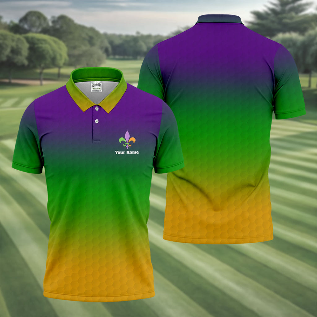 Mardi Gras Purple Gold Green Blended Color Golf Ball Pattern Golf Tops For Men, Polo Shirts For Men