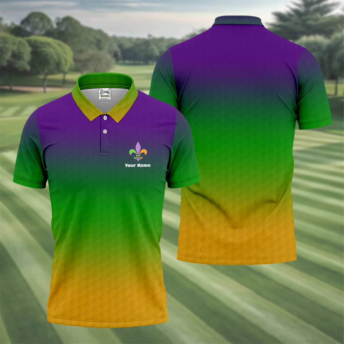 Mardi Gras Purple Gold Green Blended Color Golf Ball Pattern Golf Tops For Men, Polo Shirts For Men