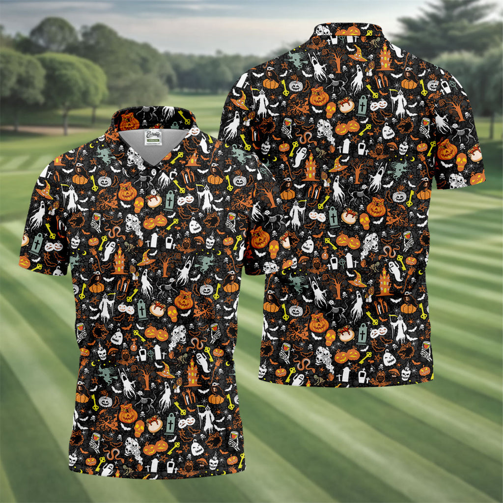 Trick or Treat Spooky Ghost Pumpkin Men's Golf Shirt, Halloween Golf Shirt, Fun Golf Shirts For Mens