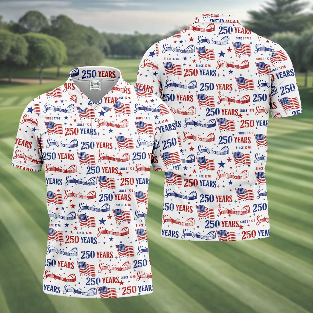 Semiquincentennial 250 Years Distressed American Flag Golf Shirt, Patriotic 4th Of July Golf Shirts For Men