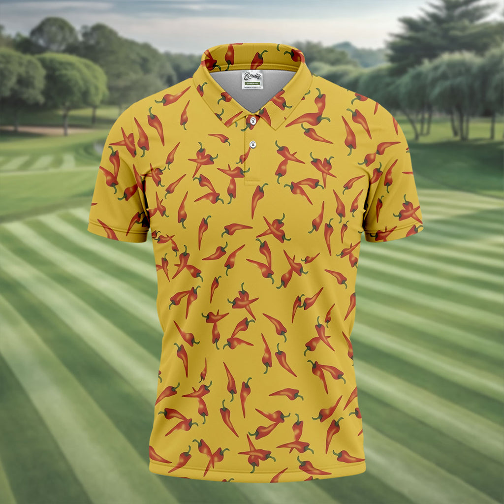 Red Chilli Yellow Hawaiian Golf Shirt, Summer Vibe Golf Shirts For Men, Polo Shirts For Men