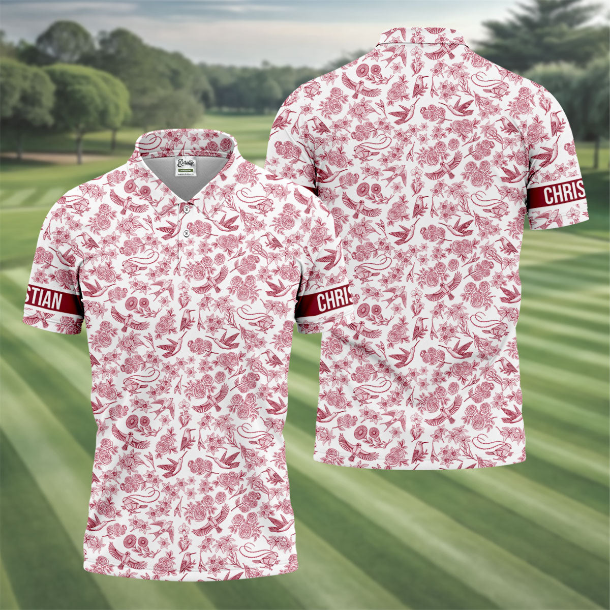 Custom Name Toile de Jouy Birds And Flowers White And Red Polo Shirts For Men, Golf Gift For Men