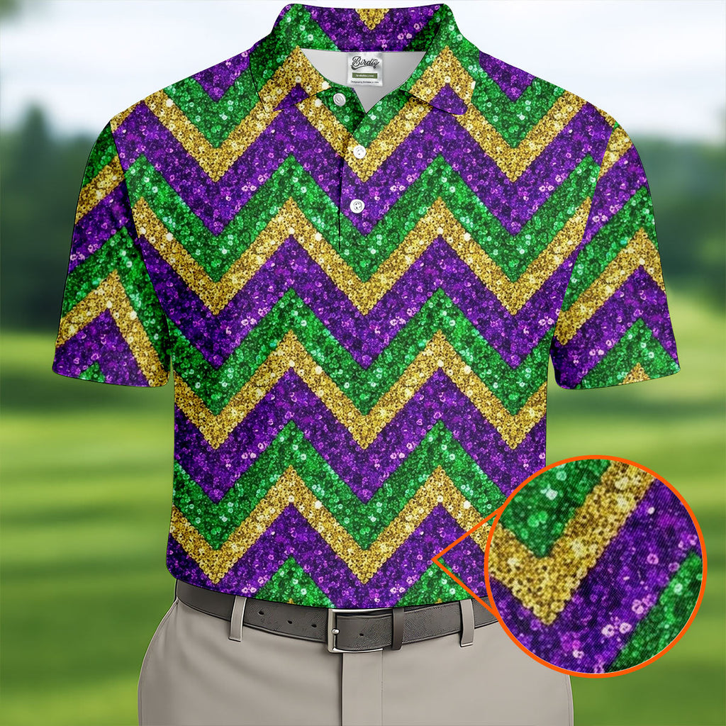 Mardi Gras Purple Gold Green Zigzag Pattern Glitter Print Golf Tops For Men, Polo Shirts For Men, Golf Shirts For Men