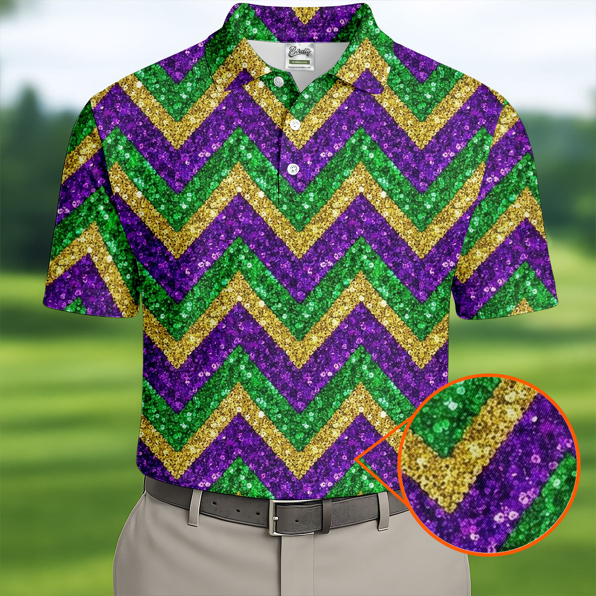 Mardi Gras Purple Gold Green Zigzag Pattern Glitter Print Golf Tops For Men, Polo Shirts For Men, Golf Shirts For Men