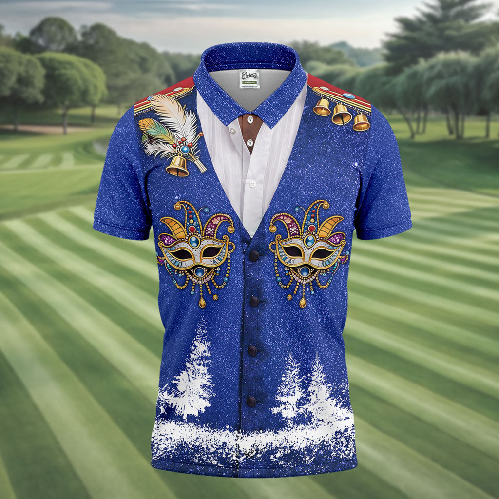 Masquerade Mask Feather Mardi Gras Glitter Print Blue Golf Shirt, Polo Shirts For Men, Golf Shirts For Men