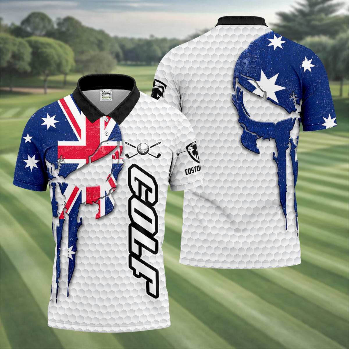 Cool Skull Golf Ball Pattern Australia Flag Print White Golf Shirt, Polo Shirts For Men