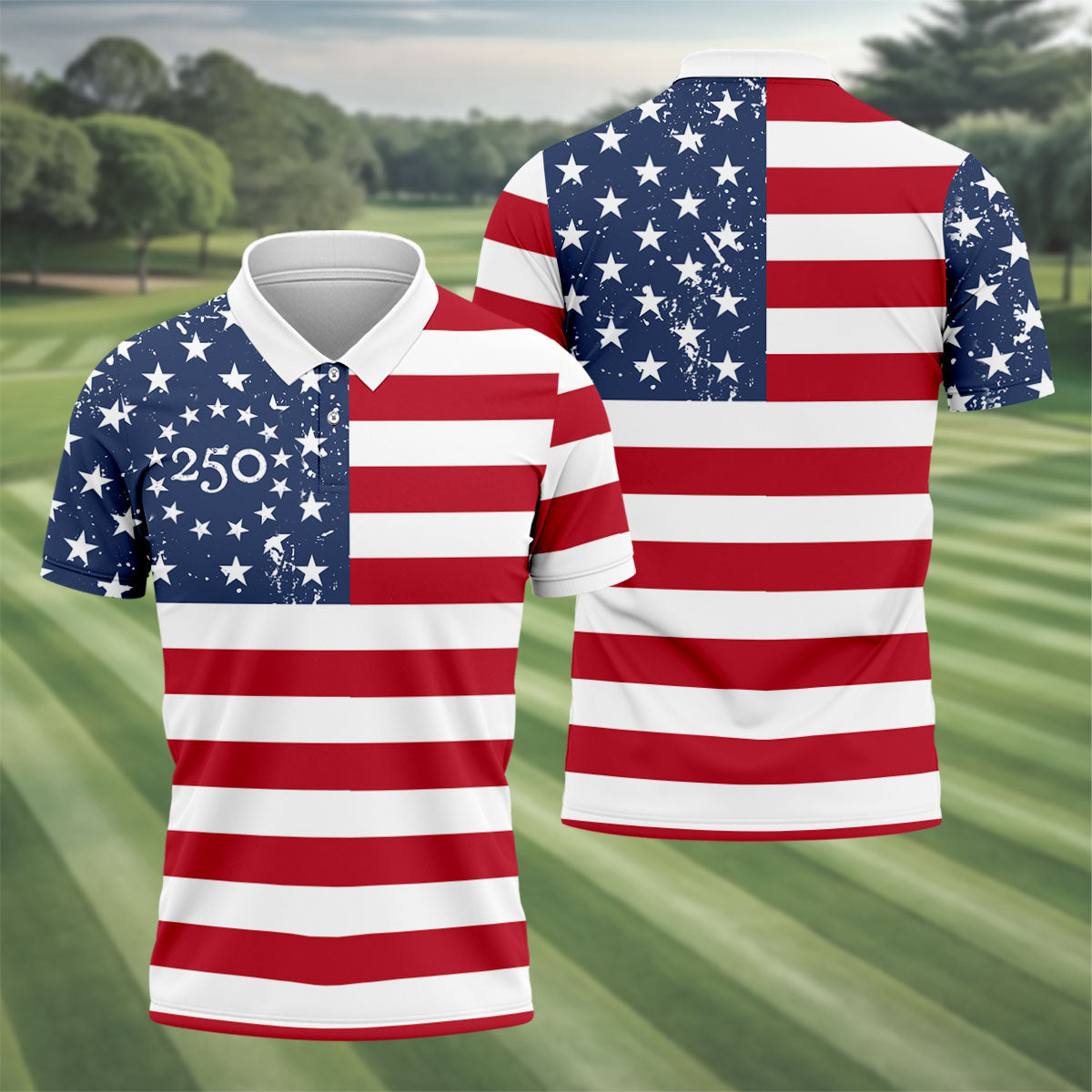USA Flag Pattern Vintage Golf Shirt, 250th Anniversary Patriotic Golf Shirt, 4th Of July Golf Shirts For Men