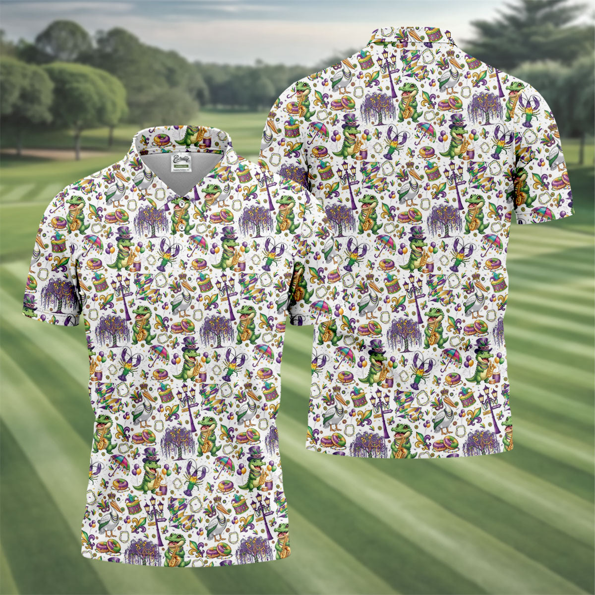 Mardi Gras Fleur De Lis Animal Band White Golf Shirt, Golf Tops For Men, Polo Shirts For Men