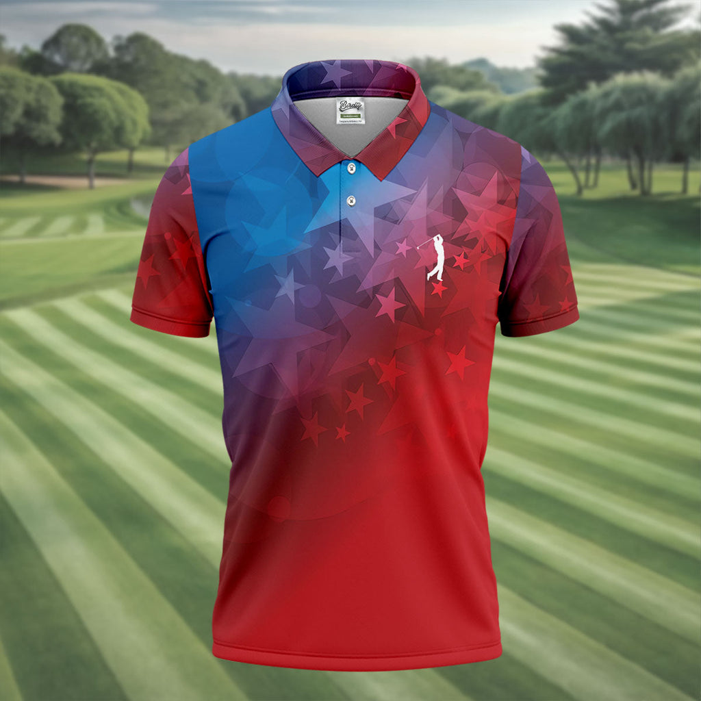 American Flag Pattern Golf Tournament Red And Blue Golf Shirts For Men, Polo ShirtFor Men