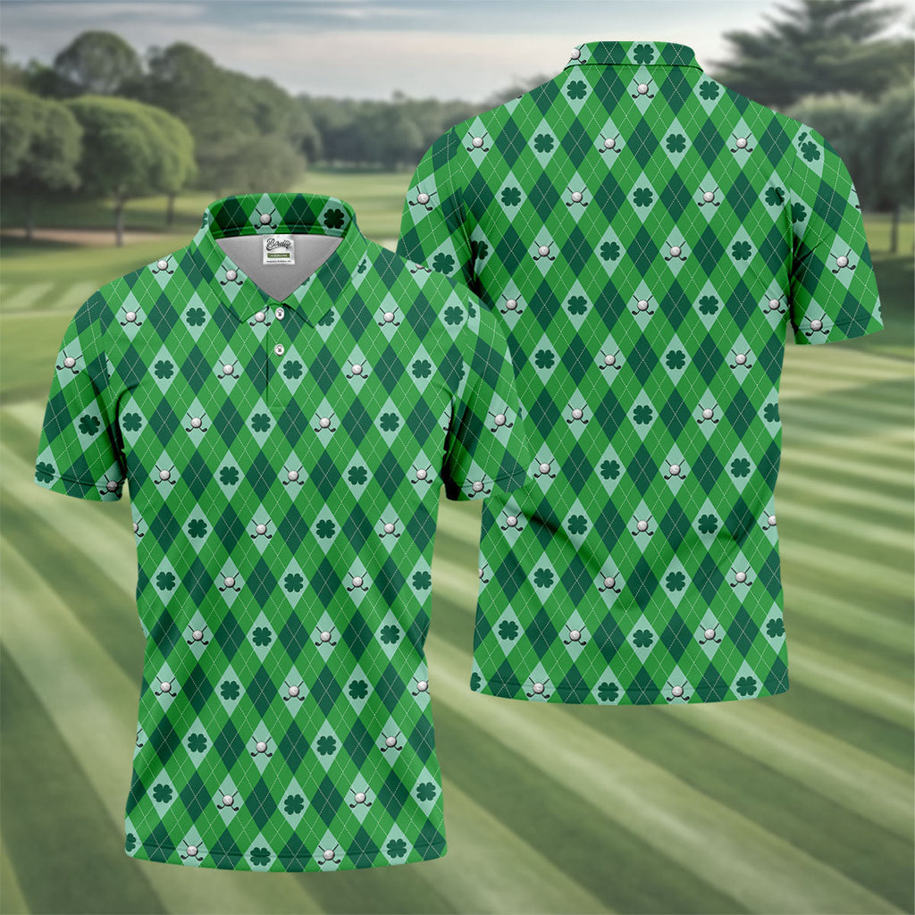 Lucky Four Leaf Clover Golf Ball Pattern Argyle Pattern St Patrick's Day Golf Shirt, Polo Shirts For Men