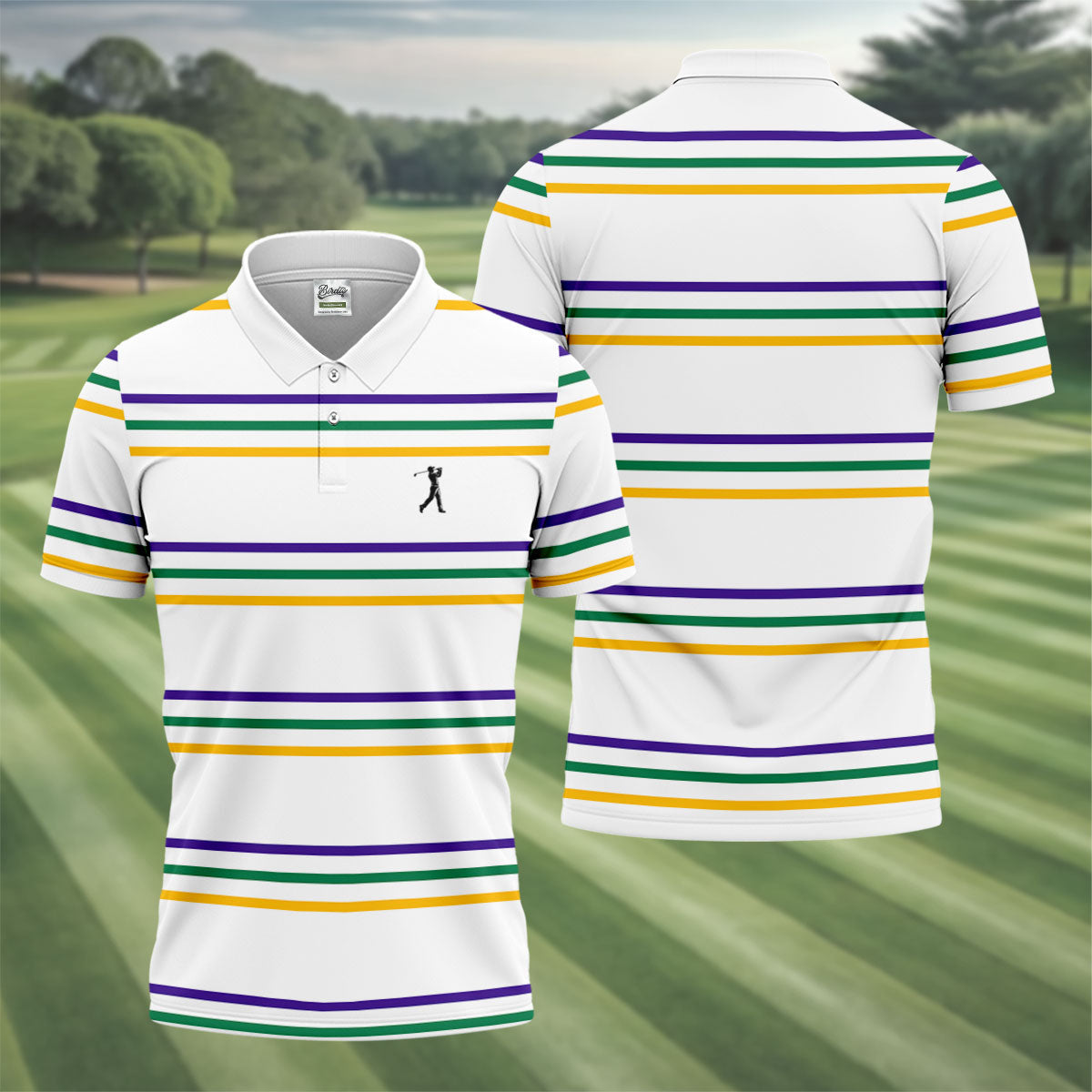 Mardi Gras Purple Green Gold Stripe Pattern Golf Tops For Men, Men's White Polo, Golf Shirts For Men