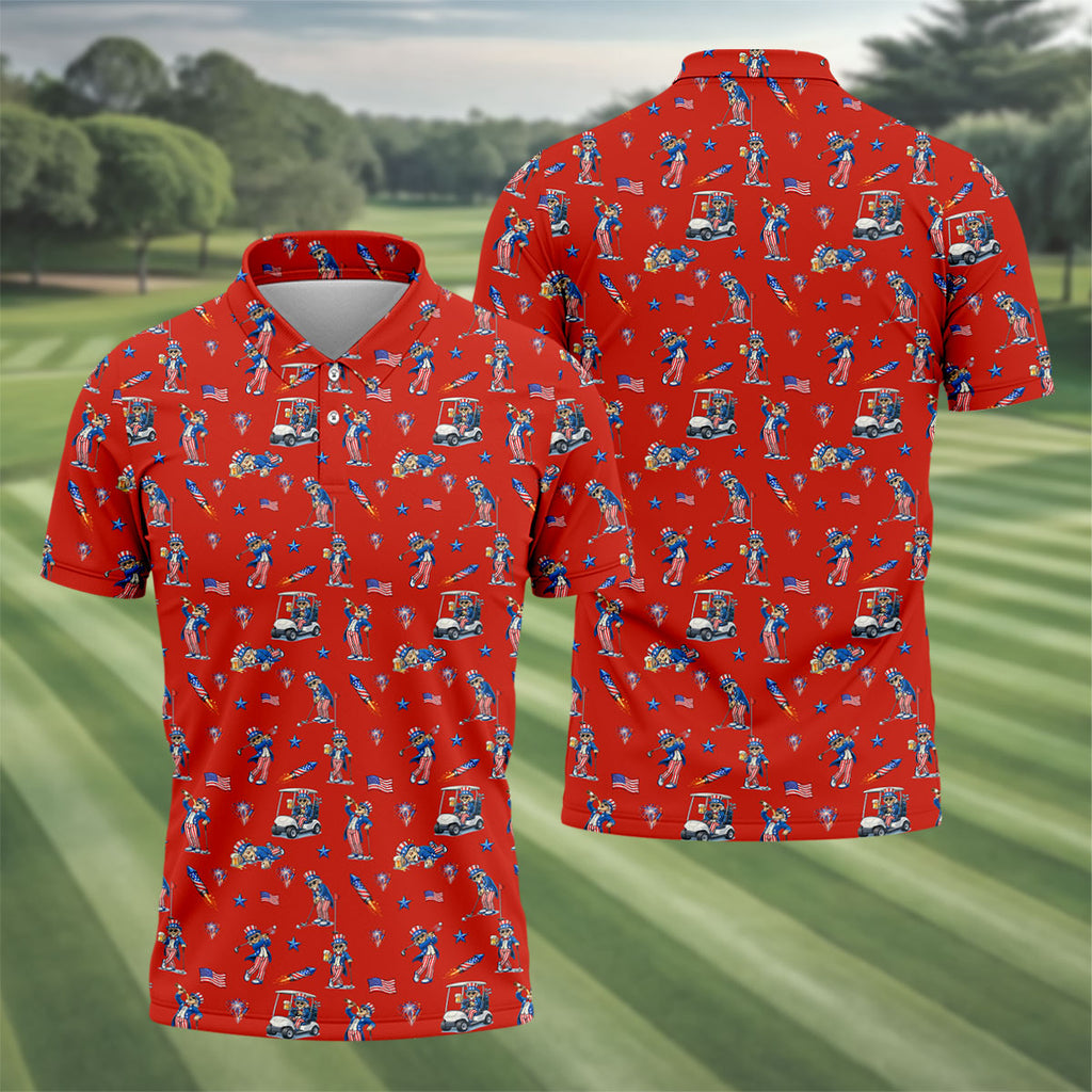 Patriotic Man Golf And Beer Funny 4th Of July Red Golf Shirt, 250 Years Seamless Pattern Golf Shirts For Men