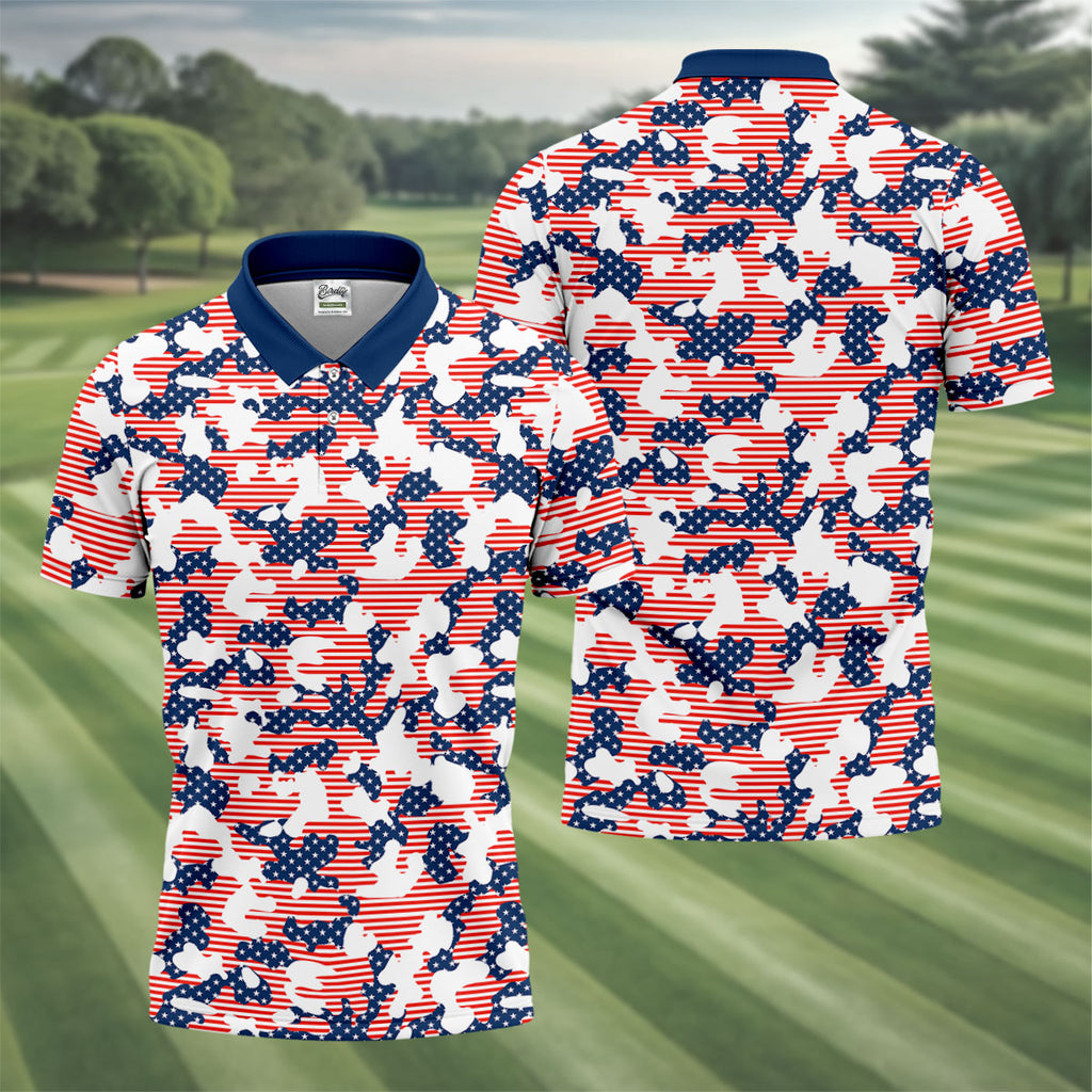 Red White And Blue Camo Patriotic Golf Shirt, 4th Of July Golf Shirt, 250 Celebration Golf Shirts For Men