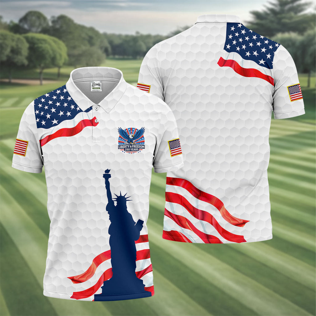 Liberty And Freedom 250 Years Golf Ball Pattern Patriotic Golf Shirt, 4th Of July Polo Shirts For Men