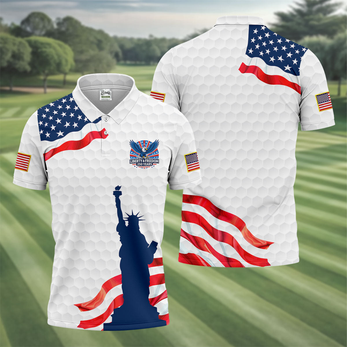 Liberty And Freedom 250 Years Golf Ball Pattern Patriotic Golf Shirt, 4th Of July Polo Shirts For Men