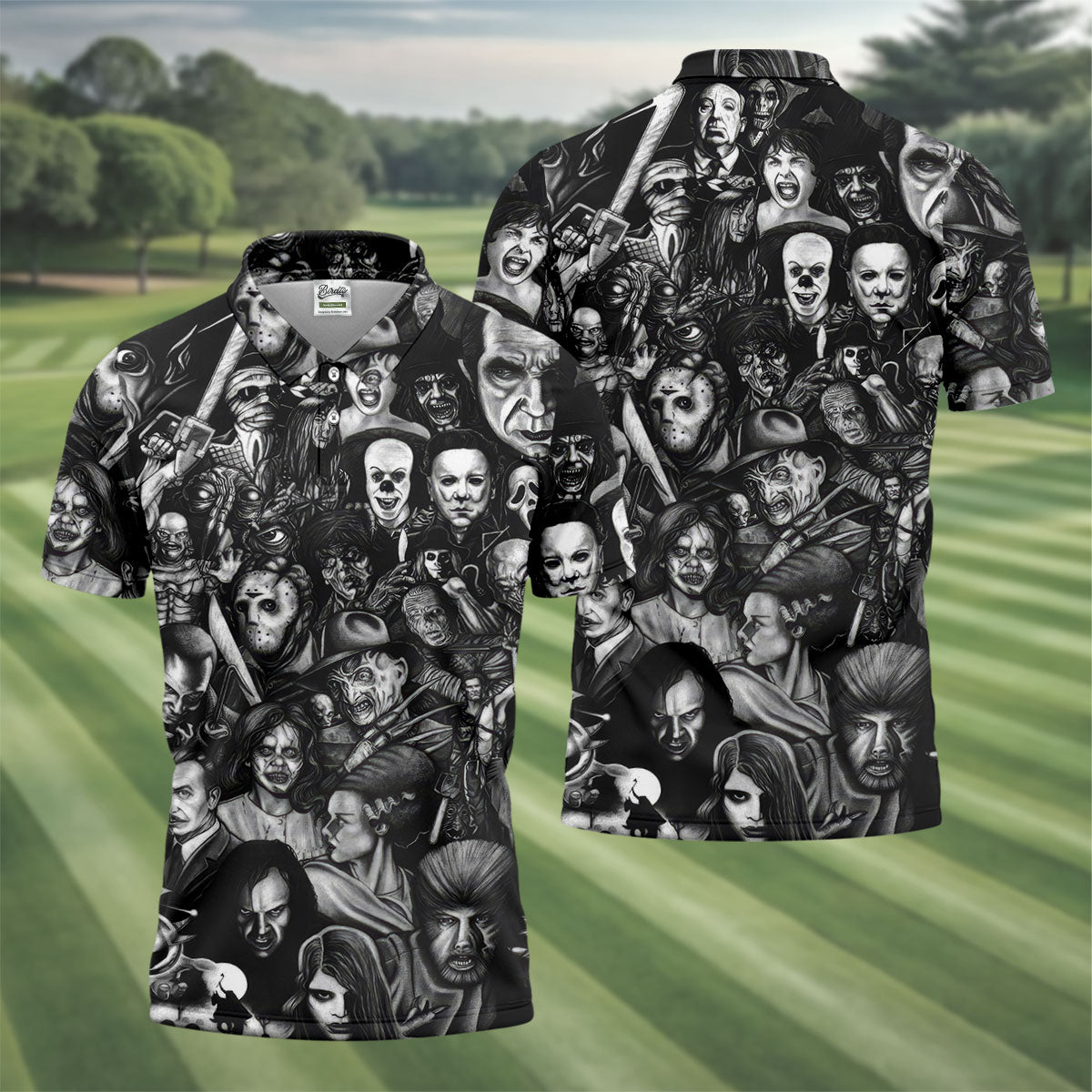 Classic Horror Characters Black And White Golf Polo, Dark Vibe Polo ShirtFor Men, Halloween Golf Shirt