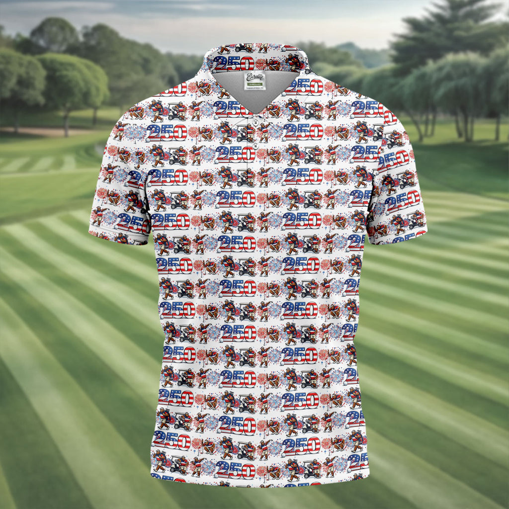 Funny Bigfoot Golf Pose Patriotic 4th Of July White Golf Shirt, 250 Years Golf Shirts For Men