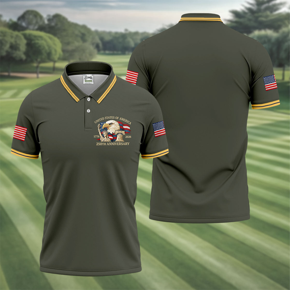 Bald Eagle American Flag 250 Years Green Golf Shirt, Patriotic 4th Of July Golf Shirts For Men