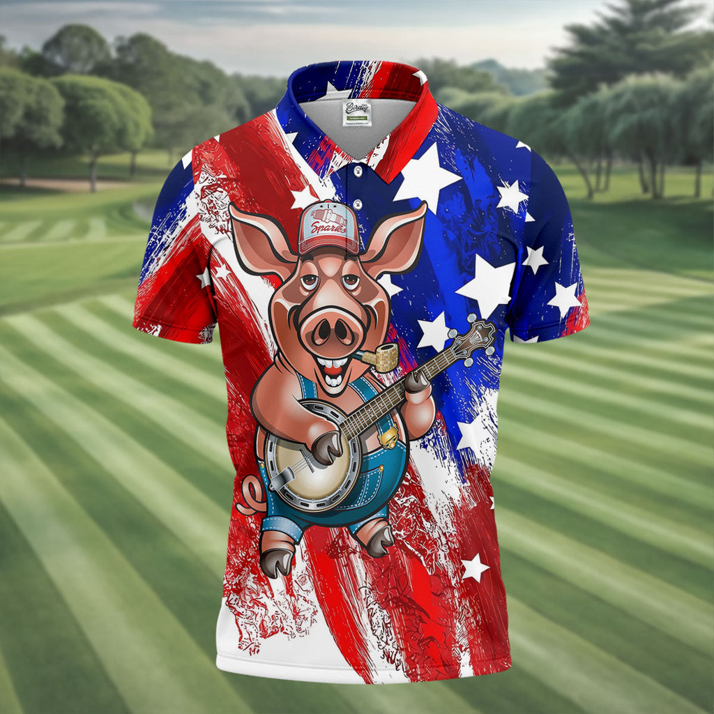 Patriotic American Flag Brush Strokes Funny BBQ 250th Anniversary Polo Shirts For Men, Golf Shirts For Men