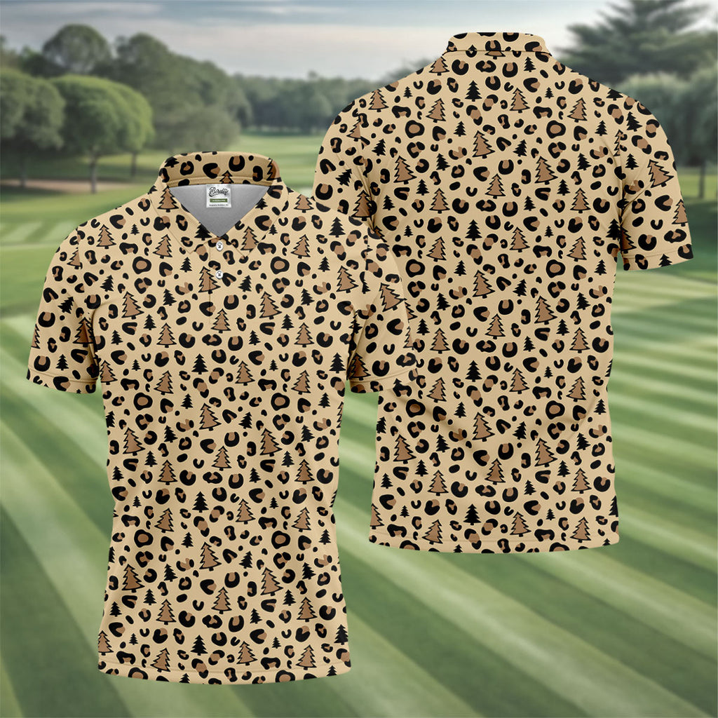 Xmas Pine Tree Leopard Pattern Brown Golf Shirt, Christmas Golf Shirt, Cute Golf Outfit, Polo Shirts For Men