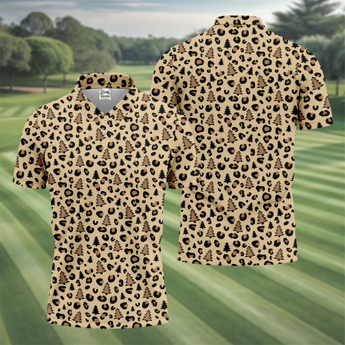 Xmas Pine Tree Leopard Pattern Brown Golf Shirt, Christmas Golf Shirt, Cute Golf Outfit, Polo Shirts For Men