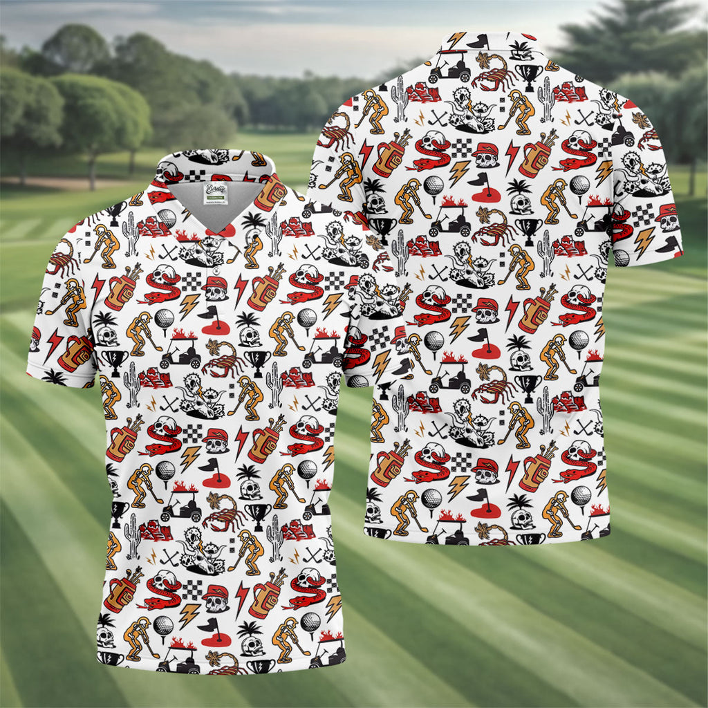 Horror Pattern White Halloween Golf Tops For Men, Fun Golf Shirts For Men, Halloween Gift Idea