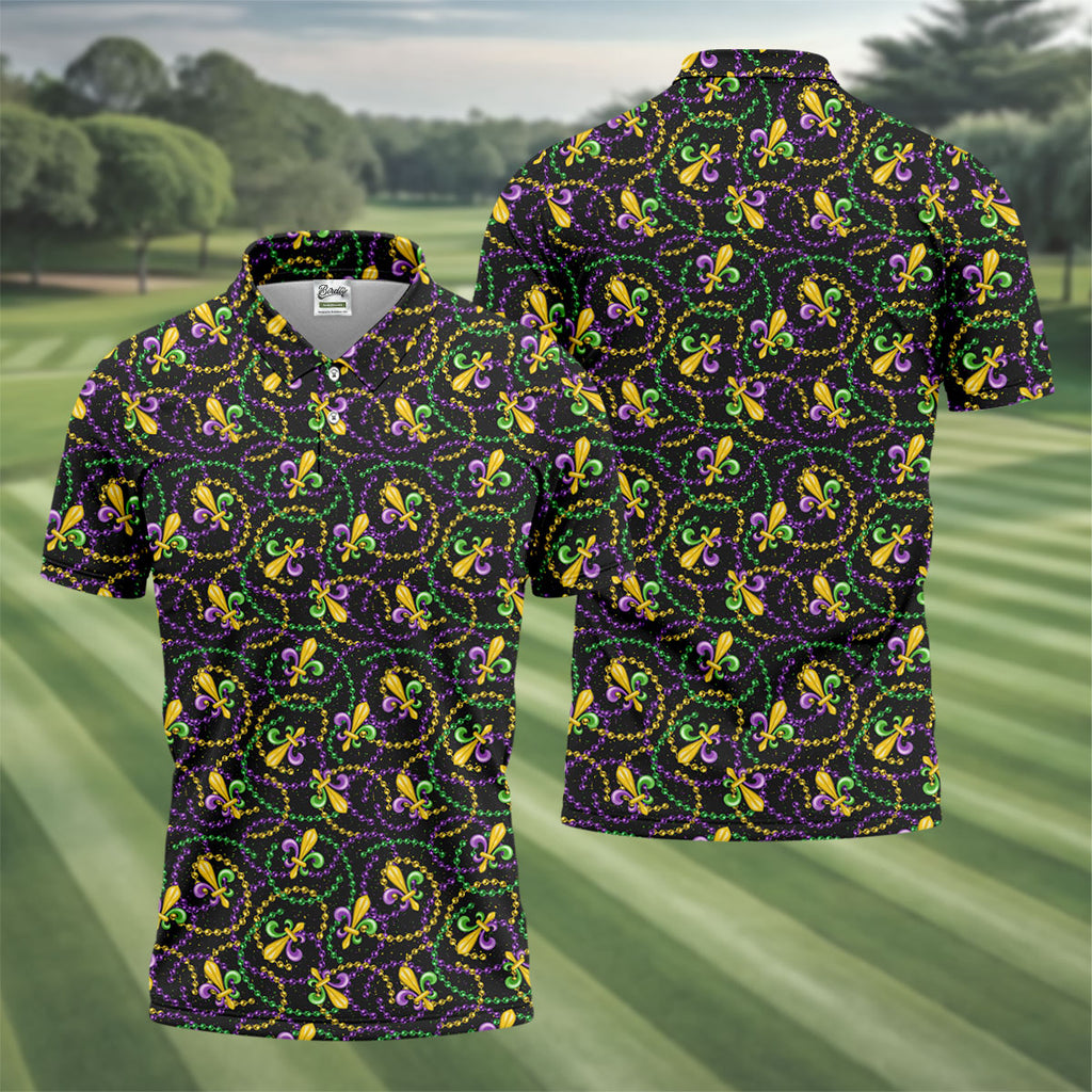 Mardi Gras Beads Purple Green Gold Fleur De Lis Golf Tops For Men, Golf Shirts For Men, Polo ShirtFor Men