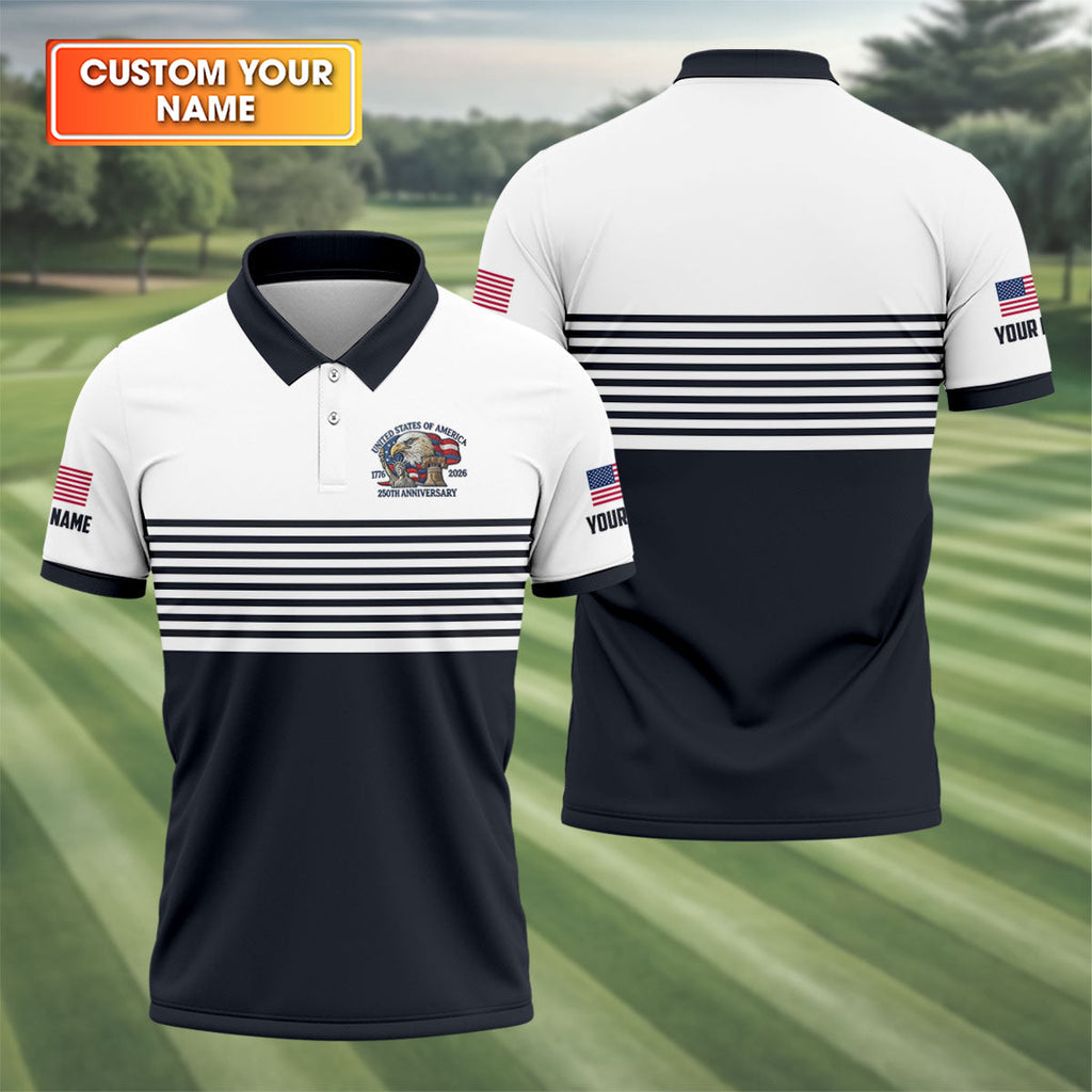 250th Anniversary Black Stripes Vintage Golf Shirt, Patriotic 4th Of July Golf Shirts For Men