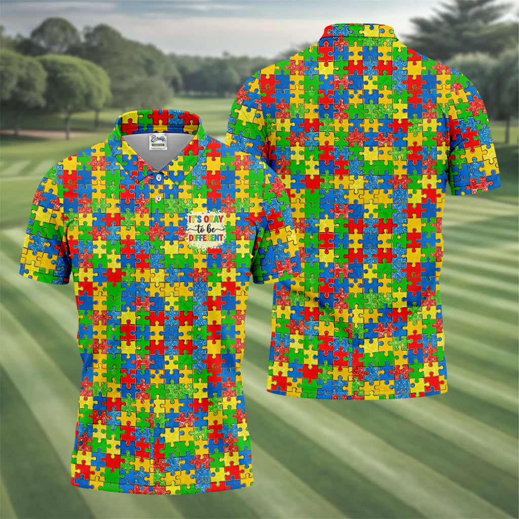 It's Okay To Be Different Colorful Puzzle Pattern Autism Awareness Men's Golf Shirt, Polo ShirtFor Men