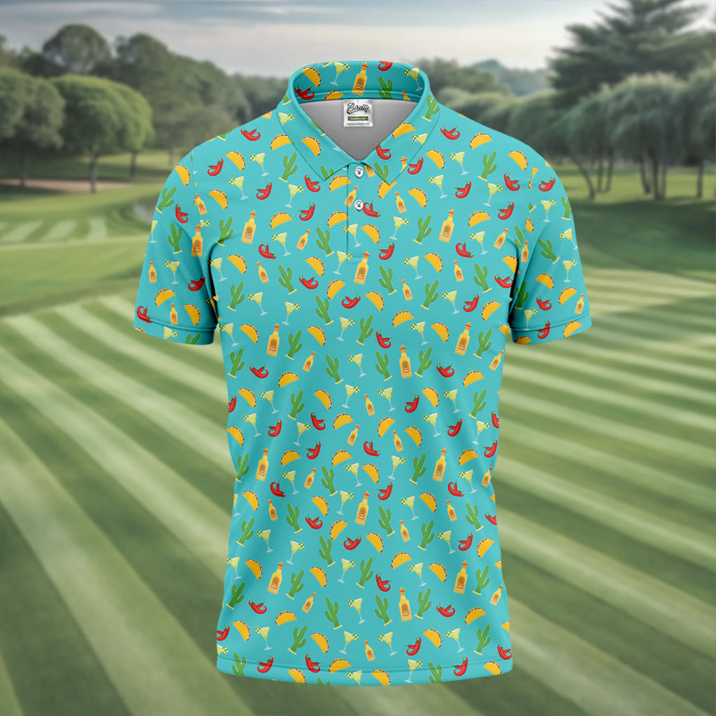 Tropical Vibe Hawaiian Pattern Turquoise Golf Shirt, Golf Tops For Men, Golf Gift For Men