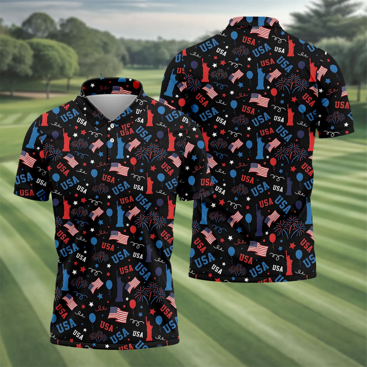 USA Red White Blue Seamless Pattern Black Golf Shirt, 250th Anniversary Patriotic 4th Of July Golf Shirts For Men