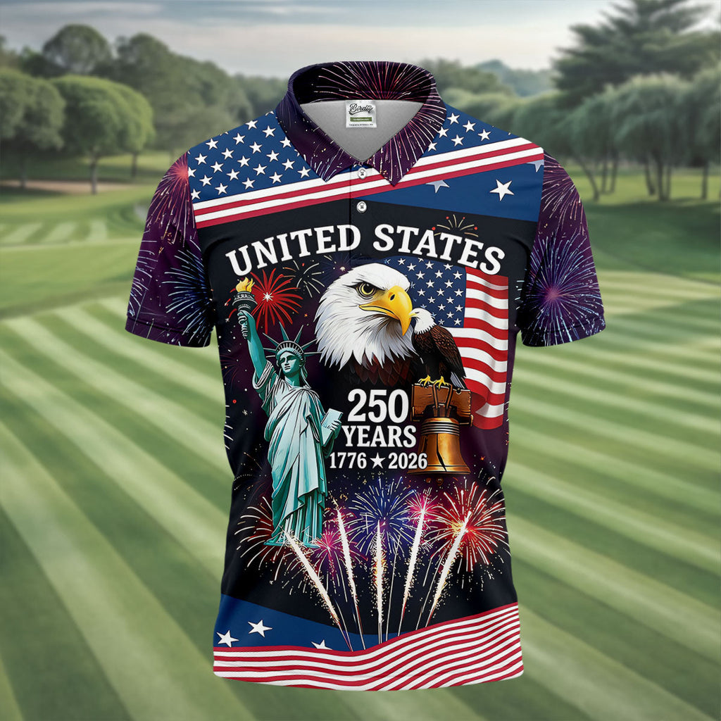 250 Years American Symbols US Flag Golf Shirt, Patriotic 4th Of July Golf Shirts For Men