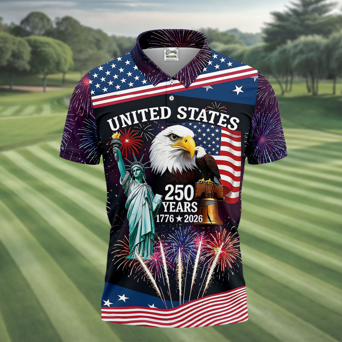250 Years American Symbols US Flag Golf Shirt, Patriotic 4th Of July Golf Shirts For Men